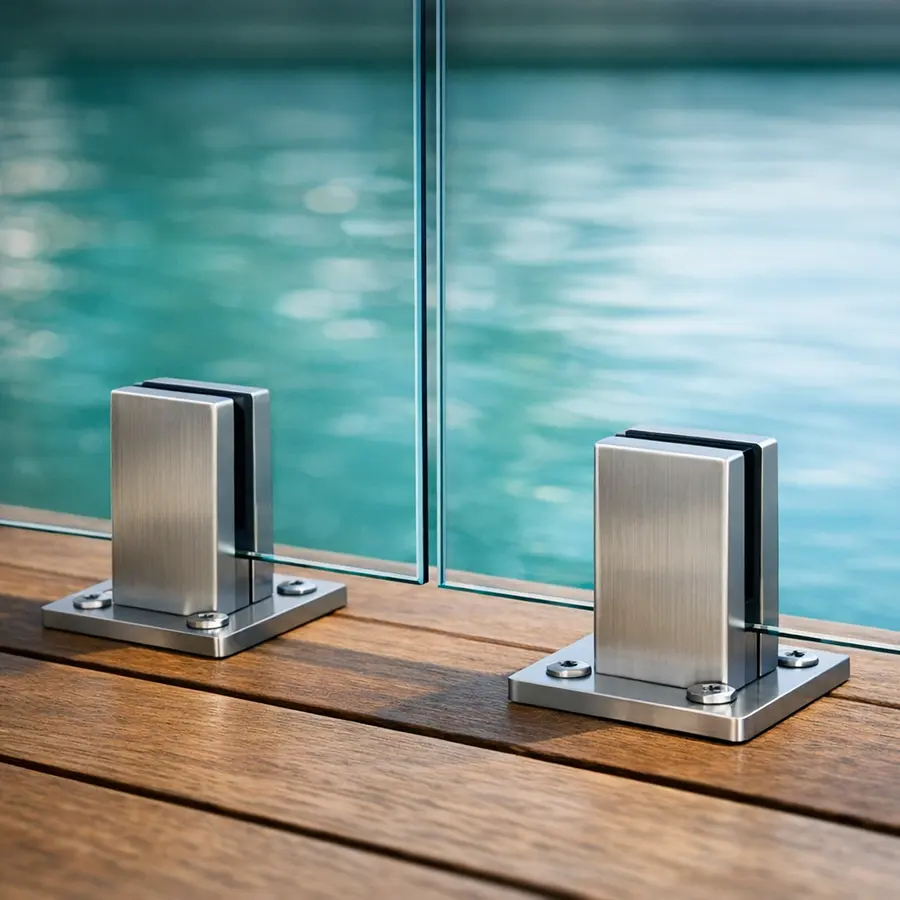 Close-up of a frameless glass panel fixed with a brushed stainless spigot